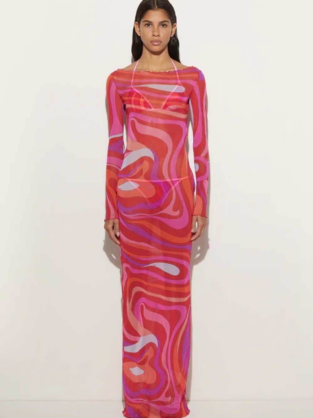 Emilio Pucci Red and Pink Swirl-Print Sheer Long Sleeve Maxi Dress